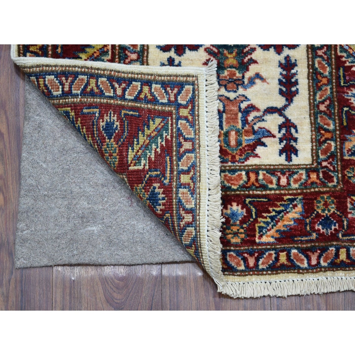 2'X2'10" Tribal Design Super Kazak Hand Knotted Ivory Pure Wool Mat Rug