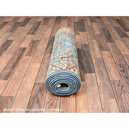 2'9"X12'9" Blue Kazak With Geometric Design Rug Hand Knotted Wool Runner