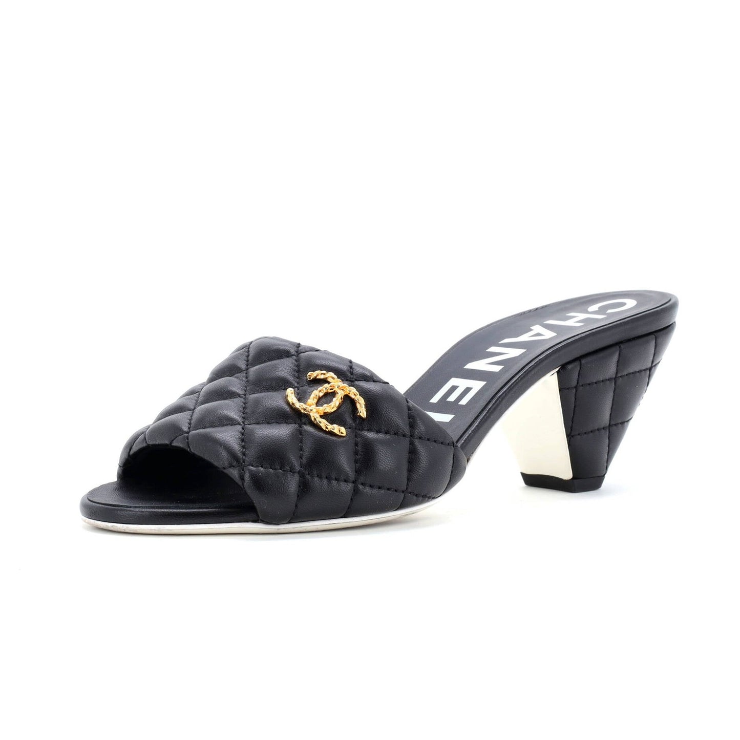 Chanel Women'S Cc Heeled Mule Sandals Quilted Leather