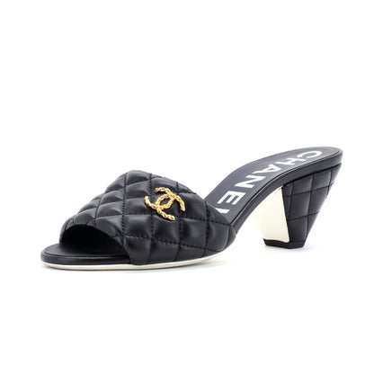 Chanel Women'S Cc Heeled Mule Sandals Quilted Leather