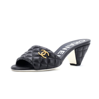 Chanel Women'S Cc Heeled Mule Sandals Quilted Leather