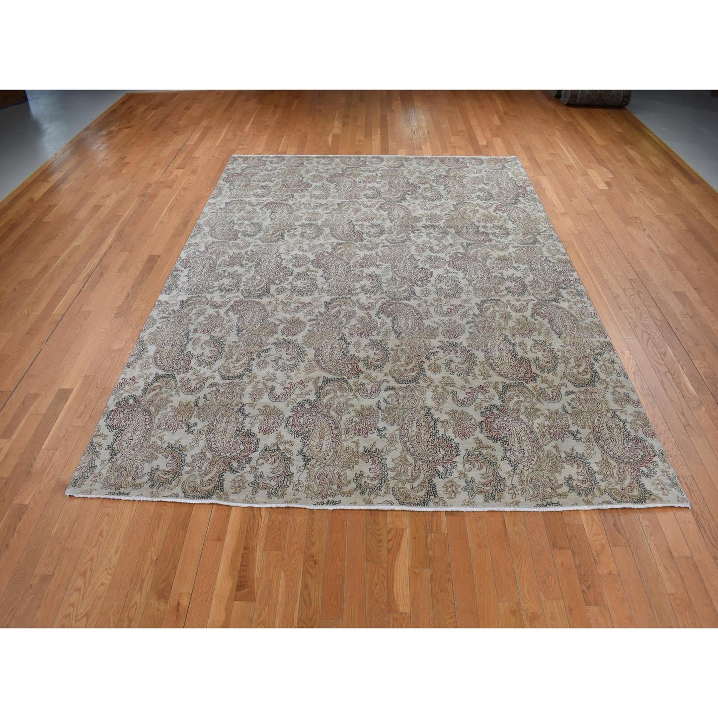 9'1"X12'3" Gray Agra With Paisley Design Pure Wool Hand Knotted Rug