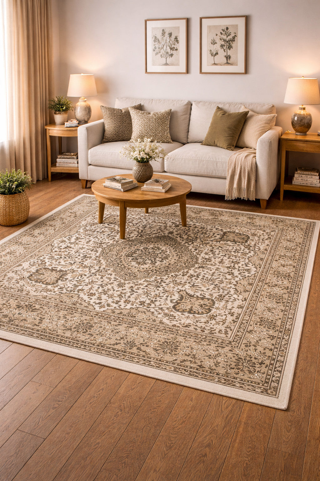 Hand-Knotted Cream Kirman Square Rug Oriental Classic Floral Area Carpet 6X6 ft