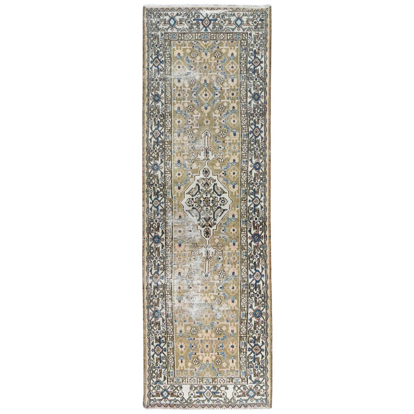 Green Worn Wool Hand Knotted Vintage Farsian Amadan Wide Runner Rug