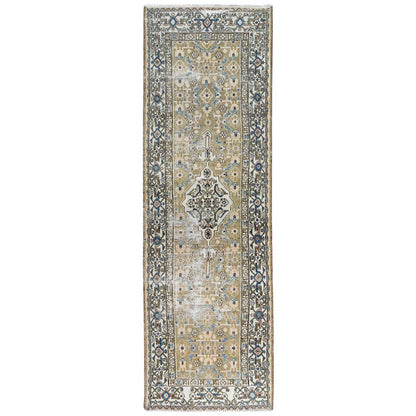 Green Worn Wool Hand Knotted Vintage Farsian Amadan Wide Runner Rug