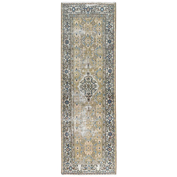 Green Worn Wool Hand Knotted Vintage Farsian Amadan Wide Runner Rug