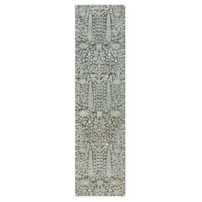 2'6"X10' Gray Hand Knotted Silk And Wool Willow And Cypress Tree Rug