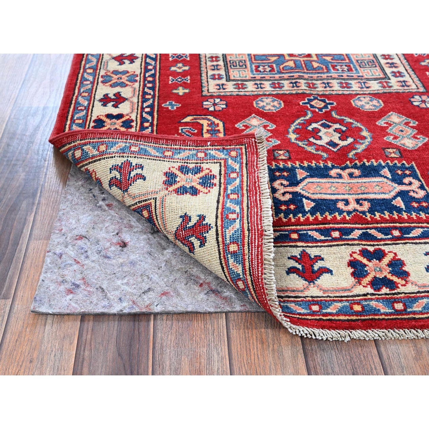 3'5"X5' Red Kazak With Geometric Design Soft Wool Hand Knotted Oriental Rug