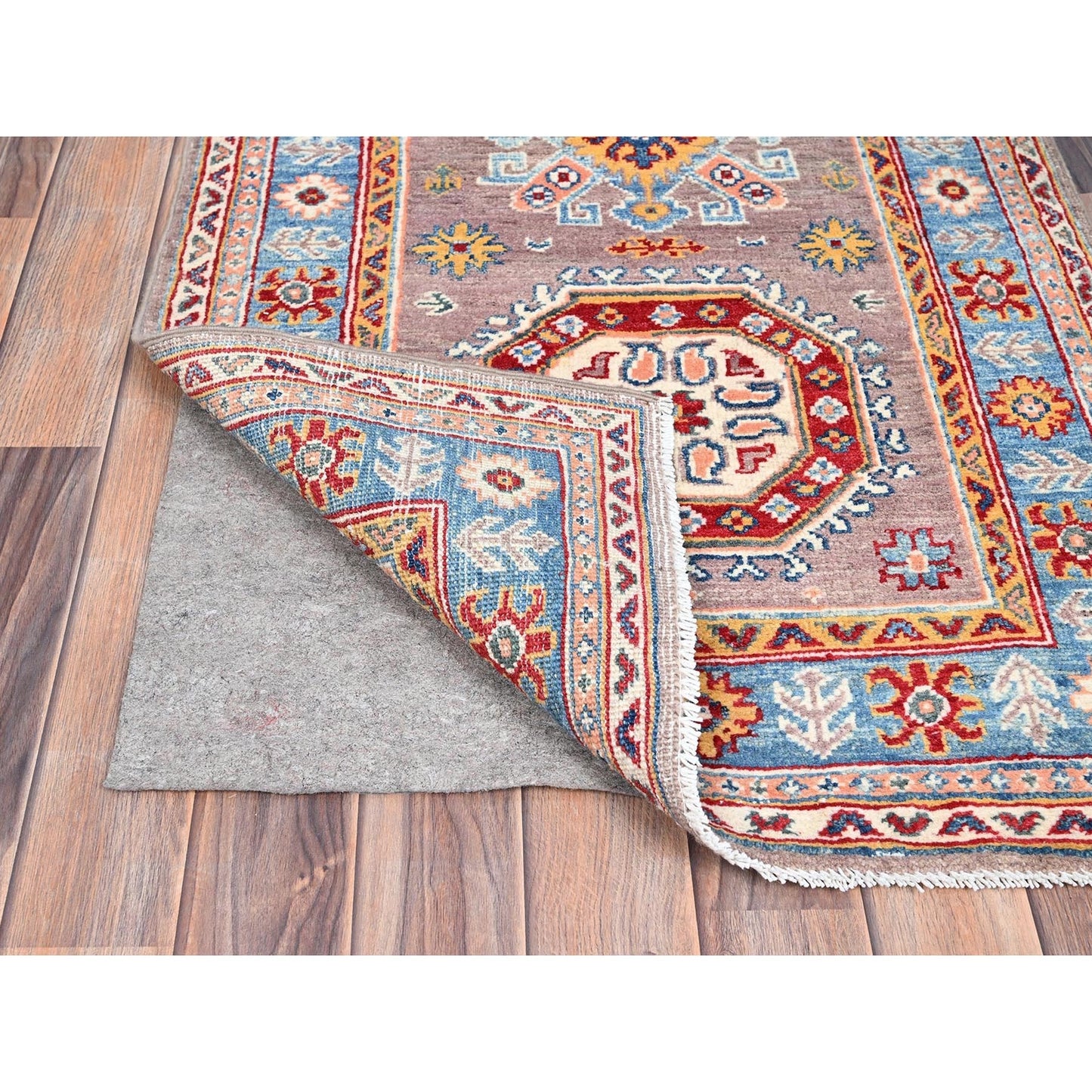 2'6"X9'2" Dusty Gray Wool Kazak Geometric Design Runner Hand Knotted Rug