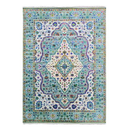 8'8"X12' Blueish Gray Medallion Design Silk With Wool Hand Knotted Rug