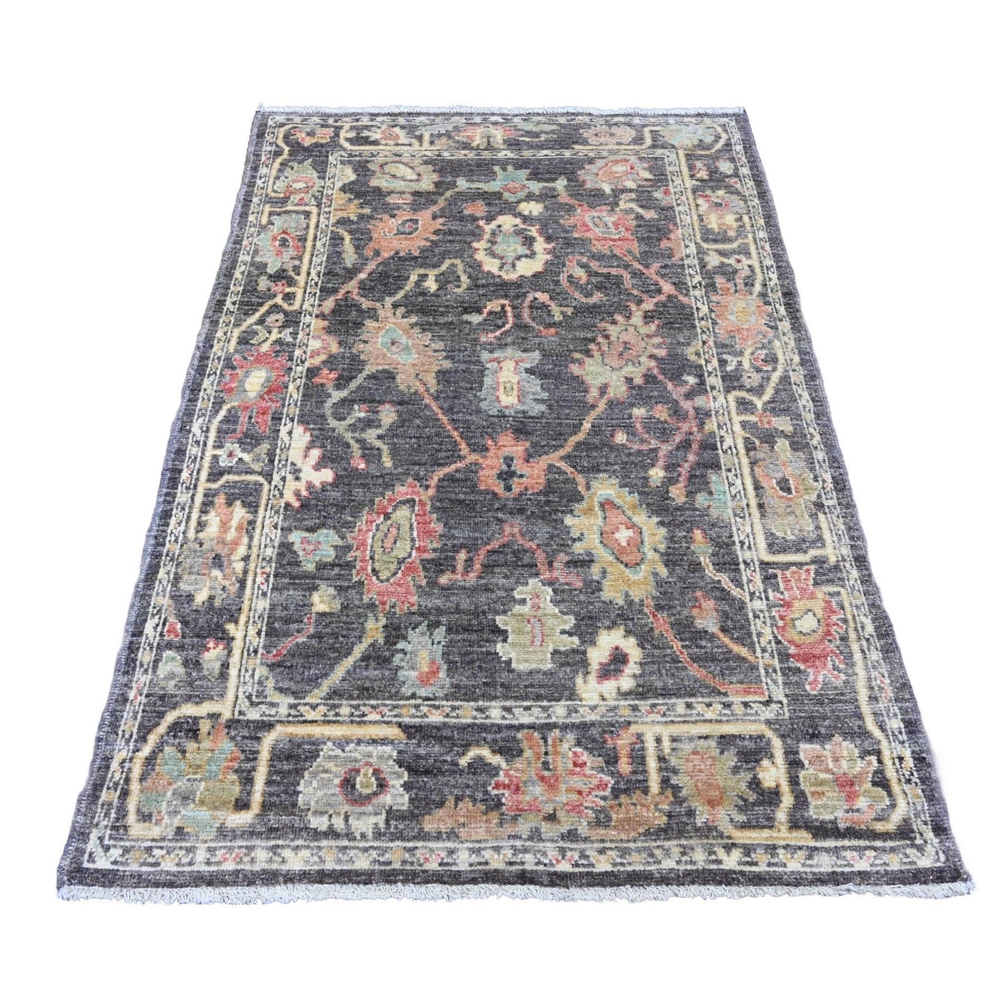 4'1"X6' Dim Gray Hand Knotted Afghan Angora Oushak Leaf Pattern Wool Rug