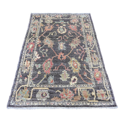 4'1"X6' Dim Gray Hand Knotted Afghan Angora Oushak Leaf Pattern Wool Rug