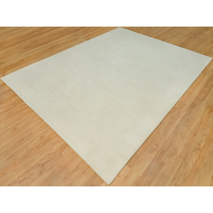 9'X12' Comfort Ivory Modern Loom Knotted Wool And Silk Plain Oriental Rug
