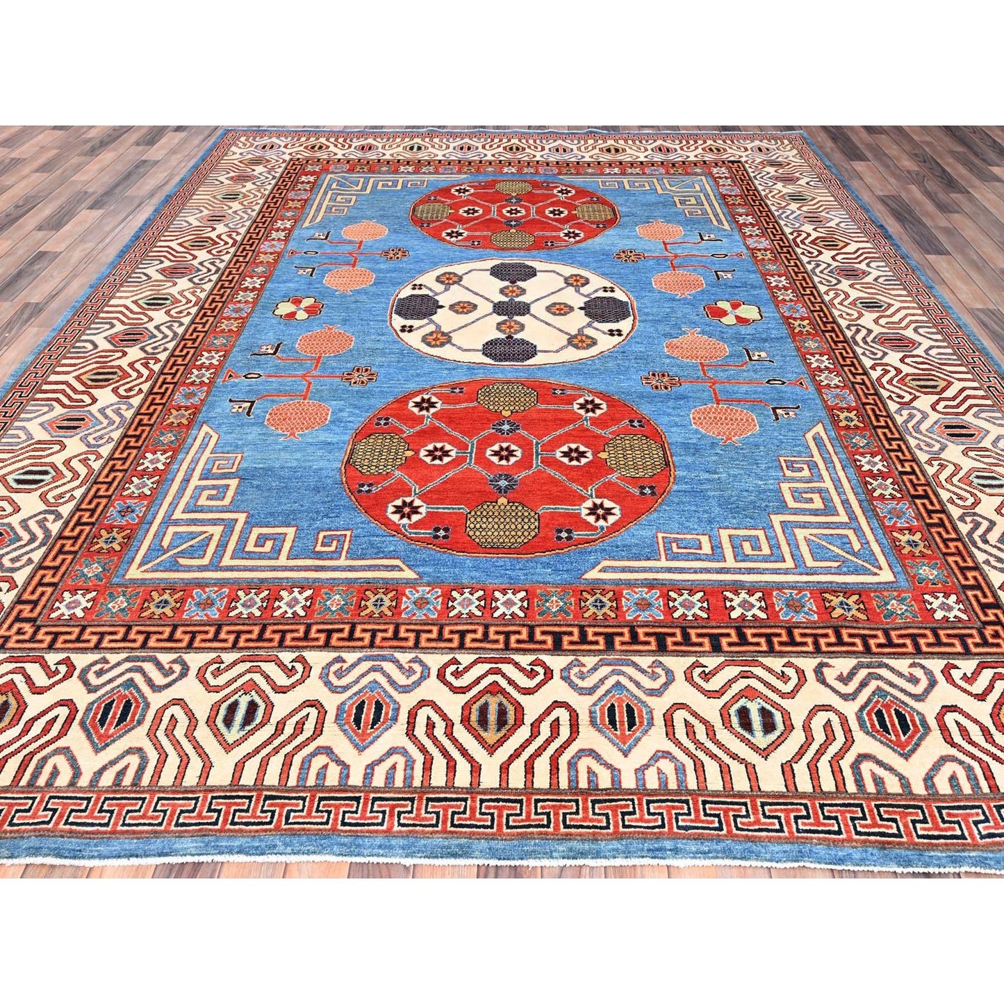 9'1"X11'9" Blue Khotan Design Hand Knotted Soft Wool Oriental Rug