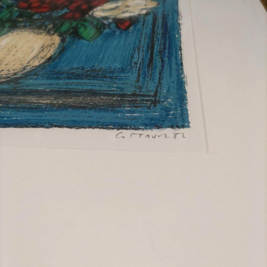 Framed Andre Cottavoz Roses On a Blue Background Lithograph Signed ED 133/ 150