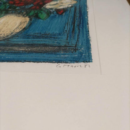 Framed Andre Cottavoz Roses On a Blue Background Lithograph Signed ED 133/ 150