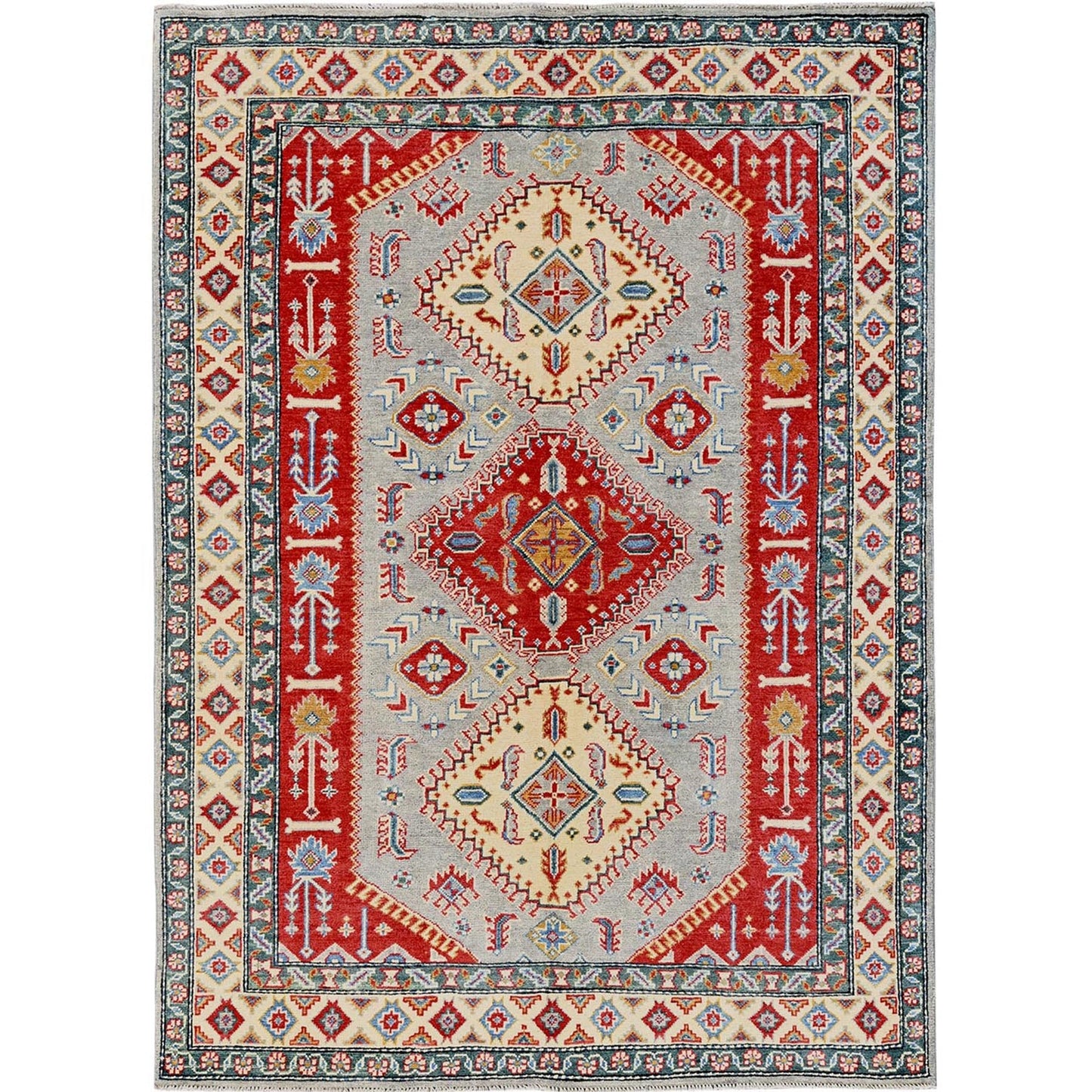 5'1"X7' Gray With Red Kazak Geometric Design Pure Wool Hand Knotted Rug