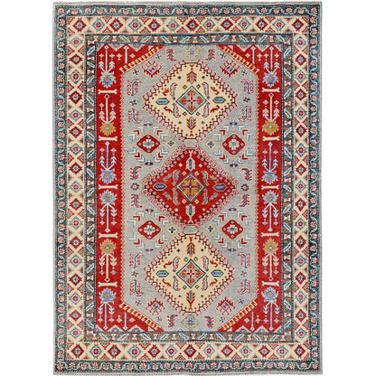 5'1"X7' Gray With Red Kazak Geometric Design Pure Wool Hand Knotted Rug