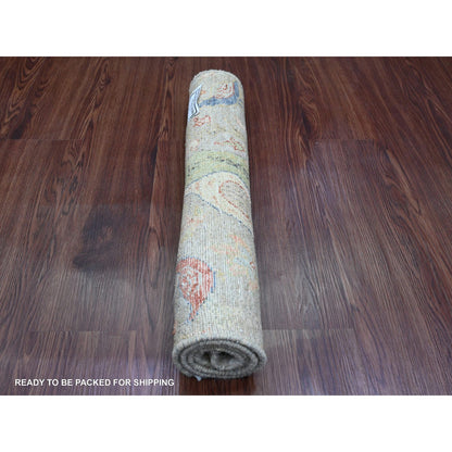 2'1"X3'1" Gray Afghan Peshawar Birds Design Hand Knotted Wool Sample Rug