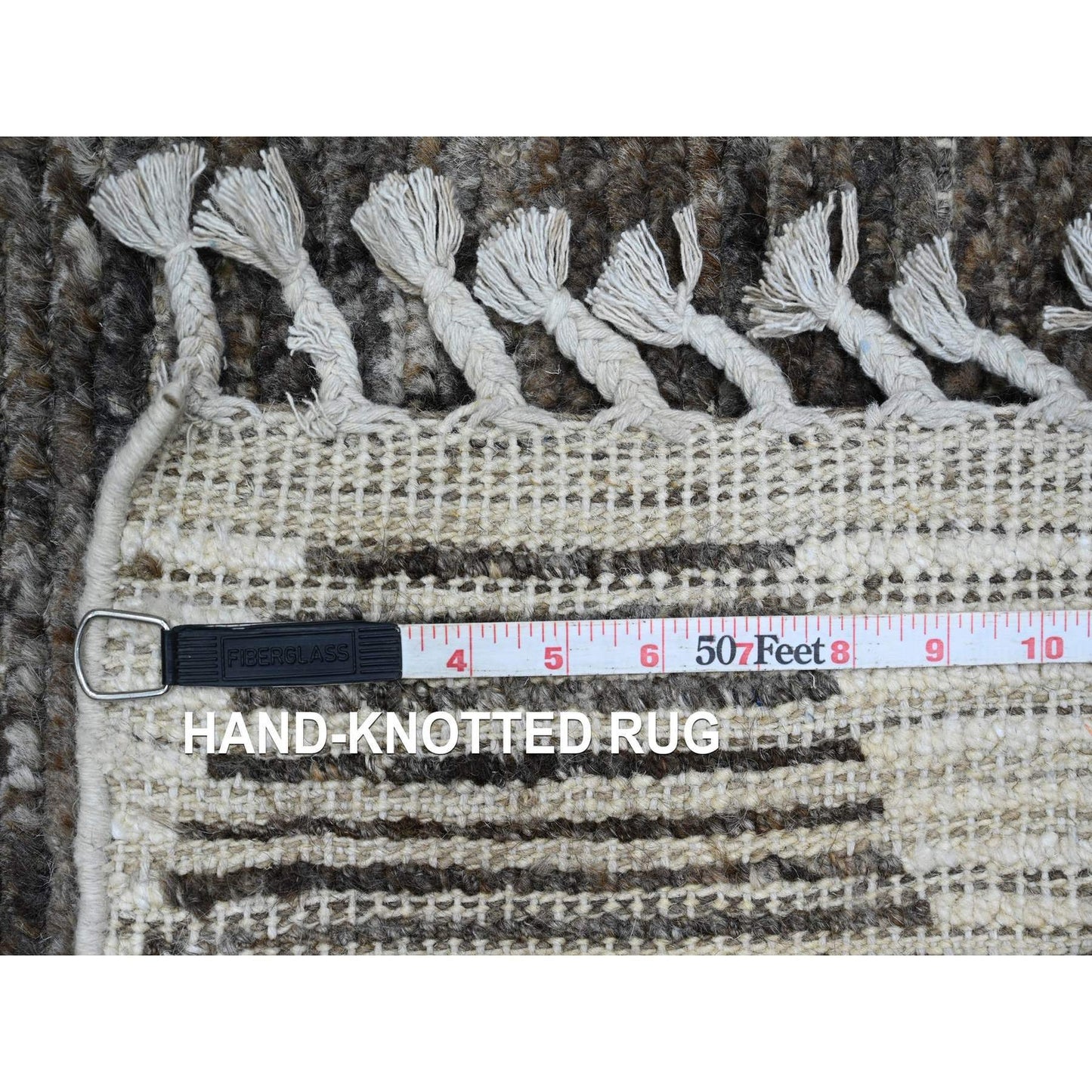 3'1"X16'8" Brown Moroccan Weave Line Design Hand Knotted Wool Runner Rug