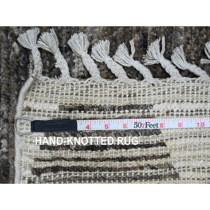 3'1"X16'8" Brown Moroccan Weave Line Design Hand Knotted Wool Runner Rug