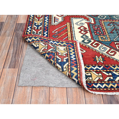 5'X6'6" Pepperoni Red Wool Antiqued Caucasian Swan Kazak Hand Knotted Rug