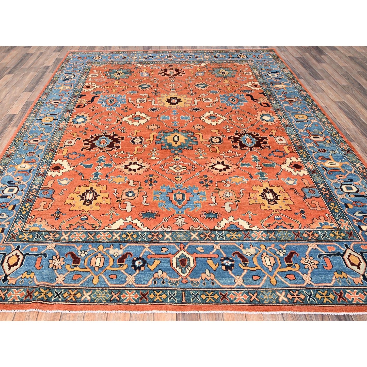 8'2"x9'8" Orange Hand Knotted Rug Peshawar with Heris All Over Design Wool
