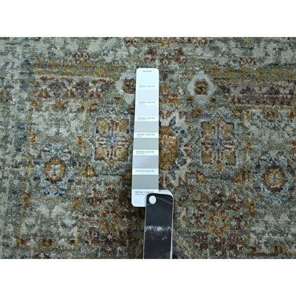 2'7"X12'1" Green Wool Rug Pre Historic Mamluk Design Hand Knotted Runner