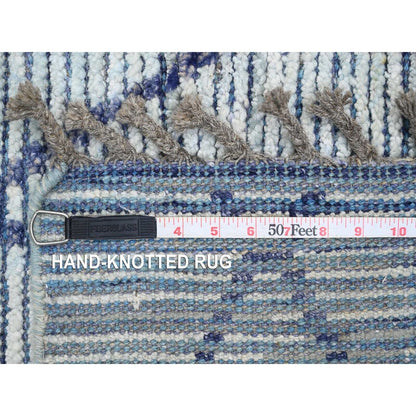 2'5"X10'3" Blue Geometric Moroccan Weave Hand Knotted Wool Runner Rug