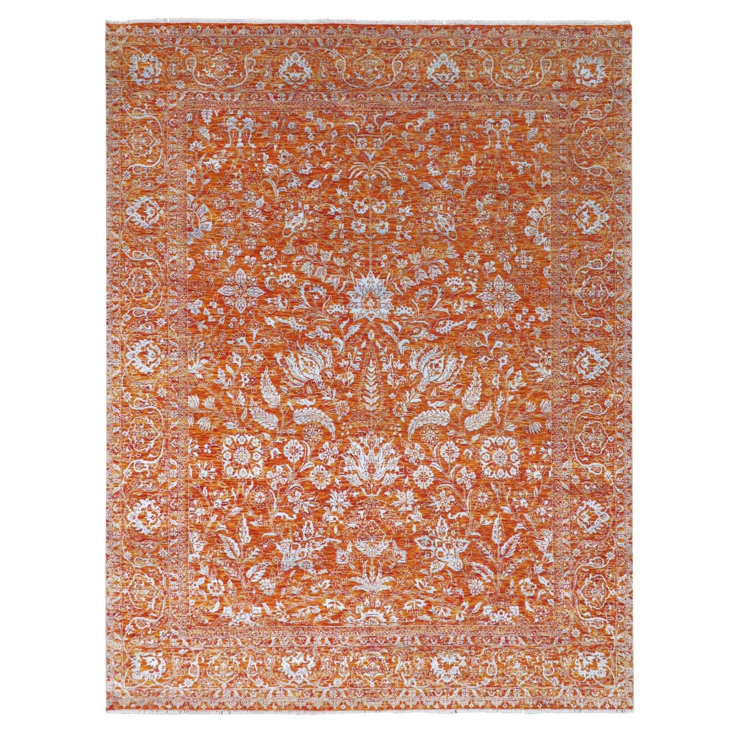 8'X10'4" Orange Zoroastrian Influence Design Wool & Silk Hand Knotted Rug