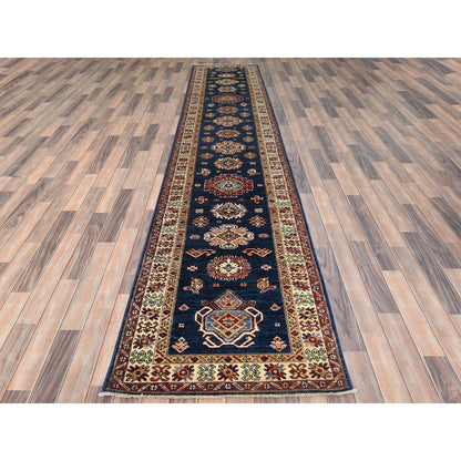2'10"X13'2" Prussian Blue Afghan Super Kazak Wool Hand Knotted Rug