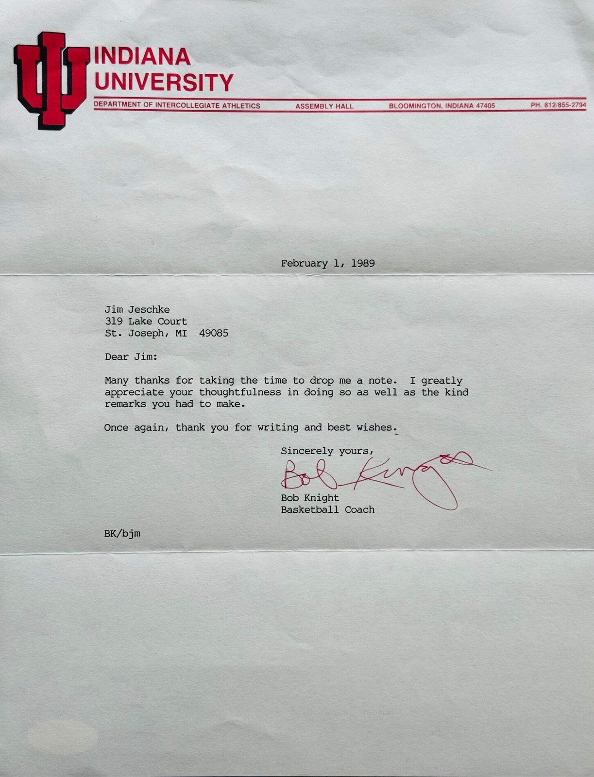 Bobby Knight Autographed Indiana University Letter (Jsa)