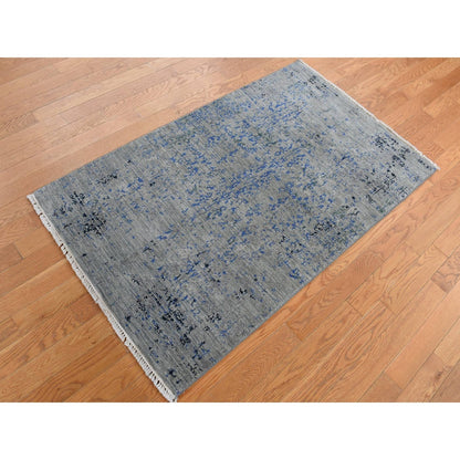 3'1"X5' Gray Wool And Silk Broken Design Tone On Tone Hand Knotted Rug