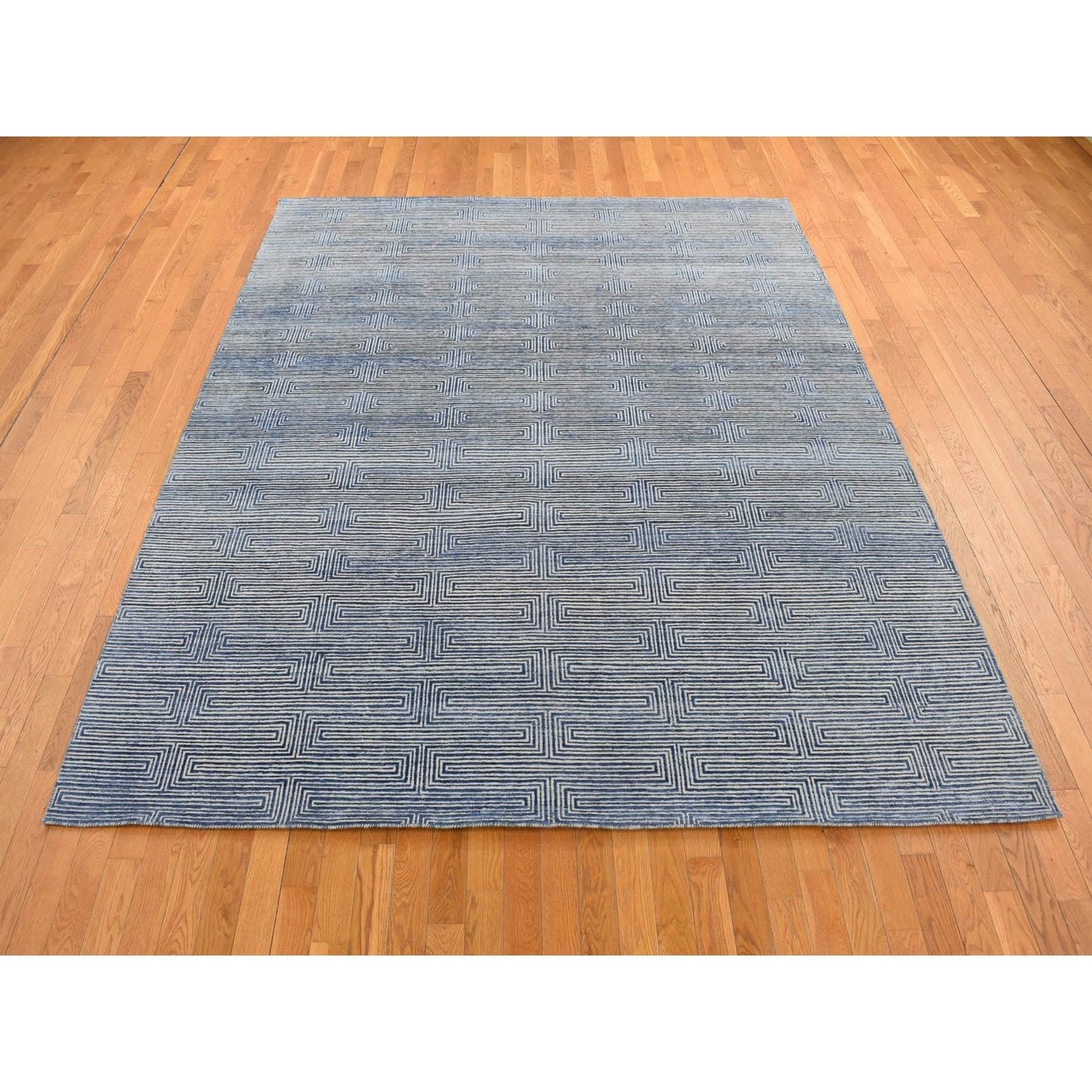 8'X10' Blue Silk With Wool Maze Design Hand Knotted Oriental Rug