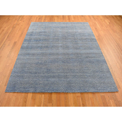 8'X10' Blue Silk With Wool Maze Design Hand Knotted Oriental Rug