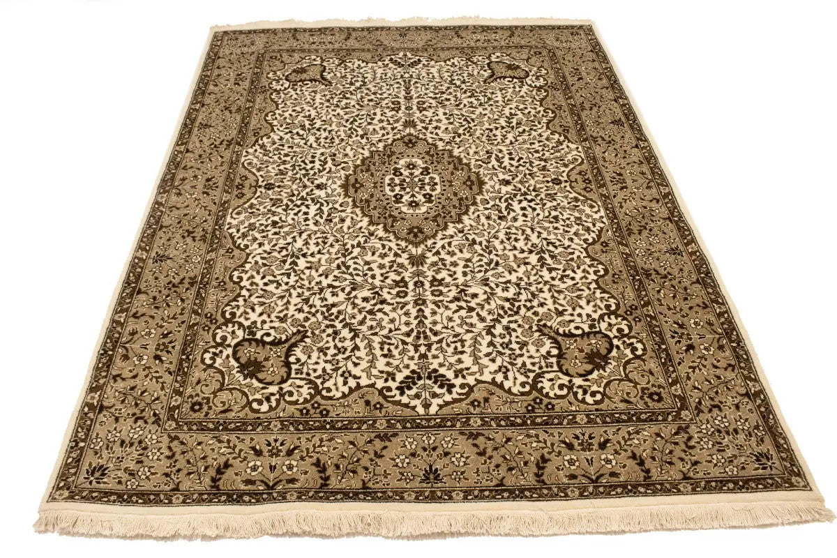 6X8 Hand-Knotted Extra Fine Kirman Oriental Rug Cream Floral Studio Carpet