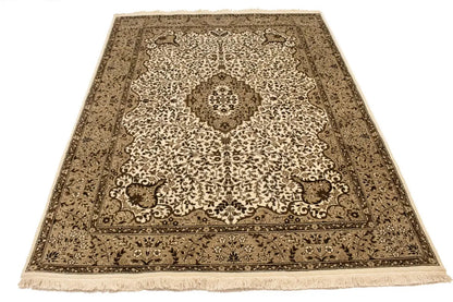 6X8 Hand-Knotted Extra Fine Kirman Oriental Rug Cream Floral Studio Carpet