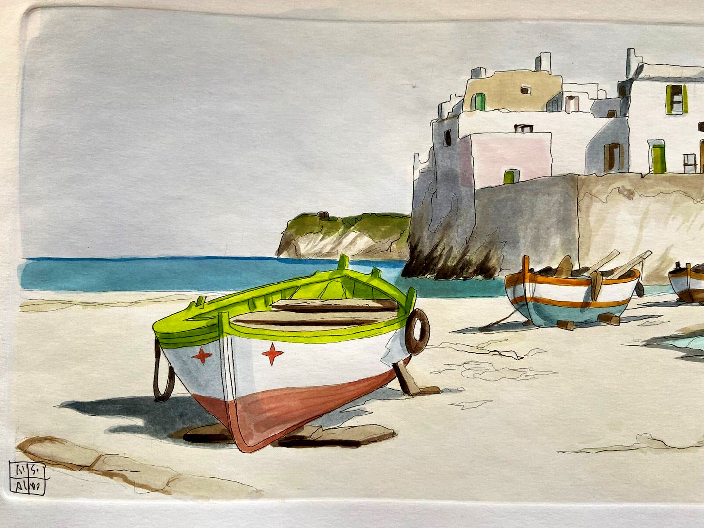 Aldo Riso 'Boats On The Shore' Stunning Hand-Painted 35X100 Authenticated-Signed