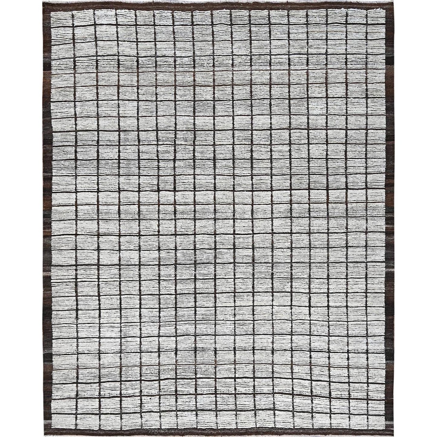 9'7"X11'8" White Moroccan Weave With Grid Design All Wool Hand Knotted Rug