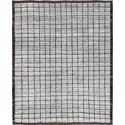 9'7"X11'8" White Moroccan Weave With Grid Design All Wool Hand Knotted Rug