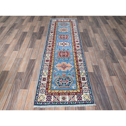 2'X6'6" Blue Kazak With Tribal Design Soft Wool Hand Knotted Runner Rug