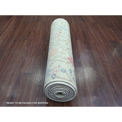 2'7"X9'8" Green Afghan Peshawar Birds Design Hand Knotted Wool Runner Rug