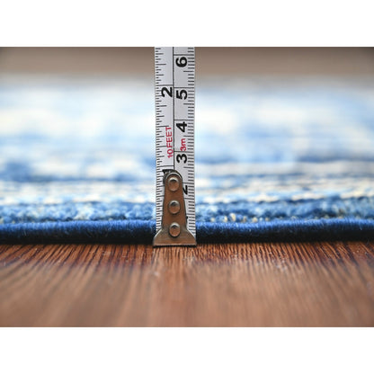 2'9"X19'8" Blue Hand Knotted Angora Oushak Leaf Design Wool Runner Rug