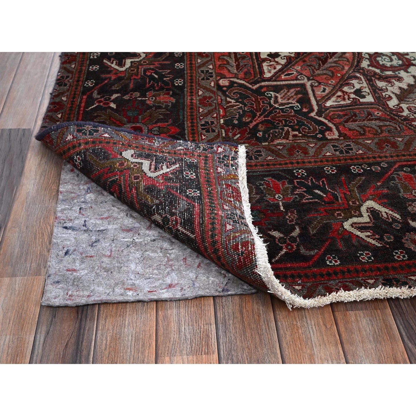 10'X12'3" Red Vintage And Worn Zoroastrian Heris Hand Knotted All Wool Rug