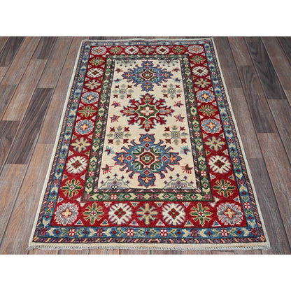 2'6"X4'1" Ivory Kazak Geometric Design Hand Knotted Soft Wool Mat Rug