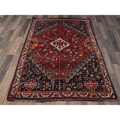 3'6"X5'1" Scarlet Red Vintage Zoroastrian Sheeraz Hand Knotted All Wool Rug