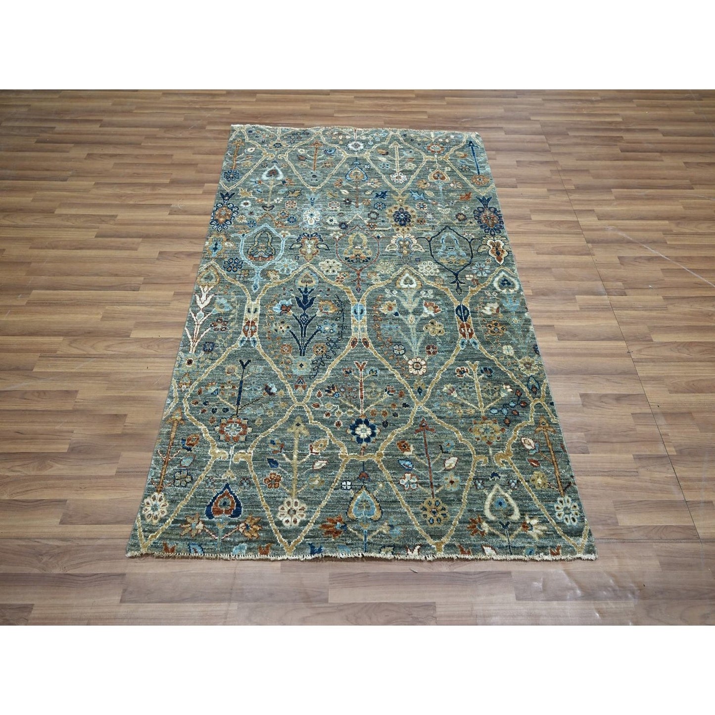 3'10"X6'1" Green Hand Knotted Wool Rug Trellis Borderless Garden Design