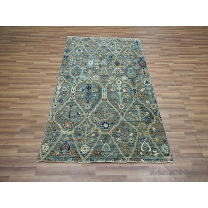 3'10"X6'1" Green Hand Knotted Wool Rug Trellis Borderless Garden Design