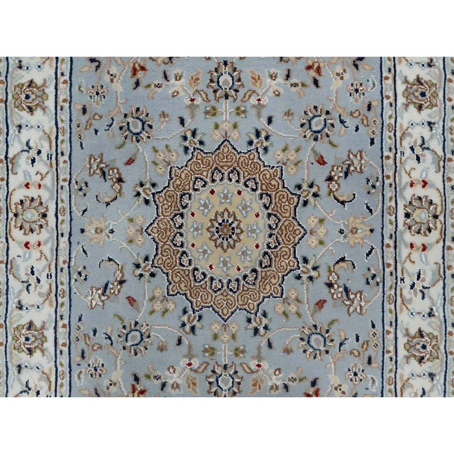 2'8"X12'9" Blue Nain Flower Design Wool And Silk Hand Knotted Runner Rug