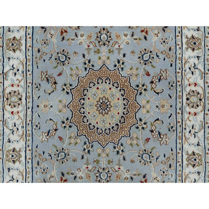 2'8"X12'9" Blue Nain Flower Design Wool And Silk Hand Knotted Runner Rug